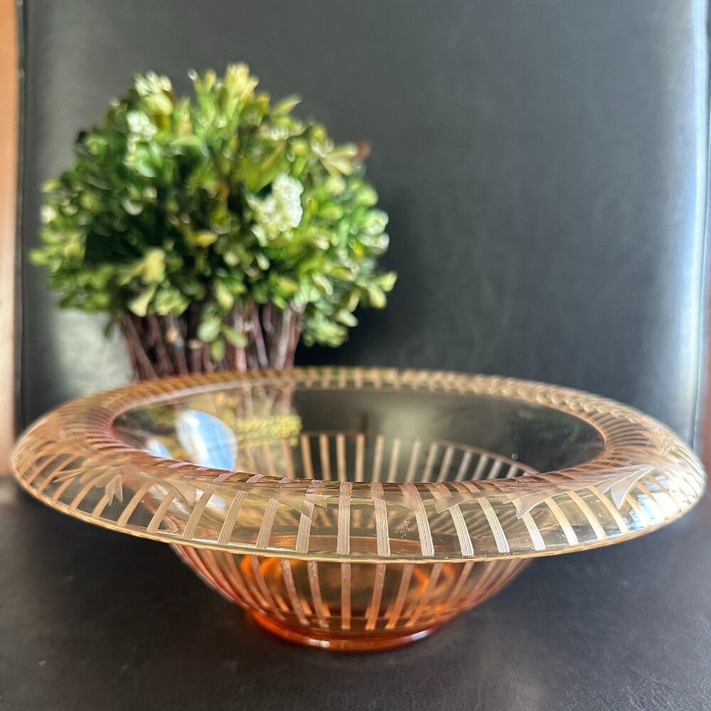 Art Deco Cambridge Elegant Etched Glass Tuxedo Rolled Edge Peach-Blo-Amber Bowl